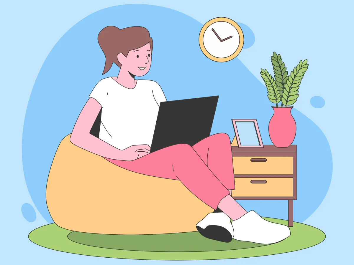 Ilustracija: žena radi na laptopu sedeći na lež-vreći